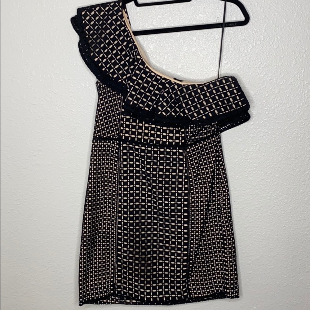 Ruffled one shoulder black/nude eyelet dress Jcrew
